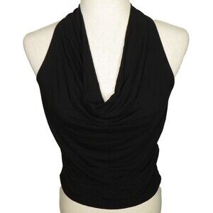 Halara Black Soft Stretchy Side Ruched Draped Neck Fitted Halter Top Sz Medium